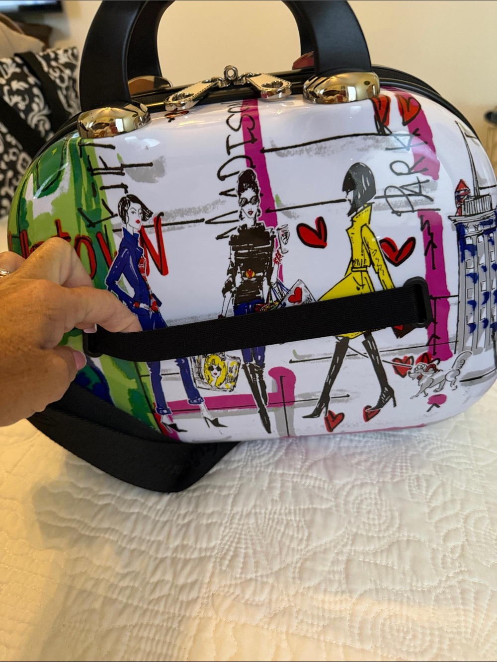 Brighton Mini Illustrated Dome Satchel in White Multi with Black Handle - Picture 2 of 11